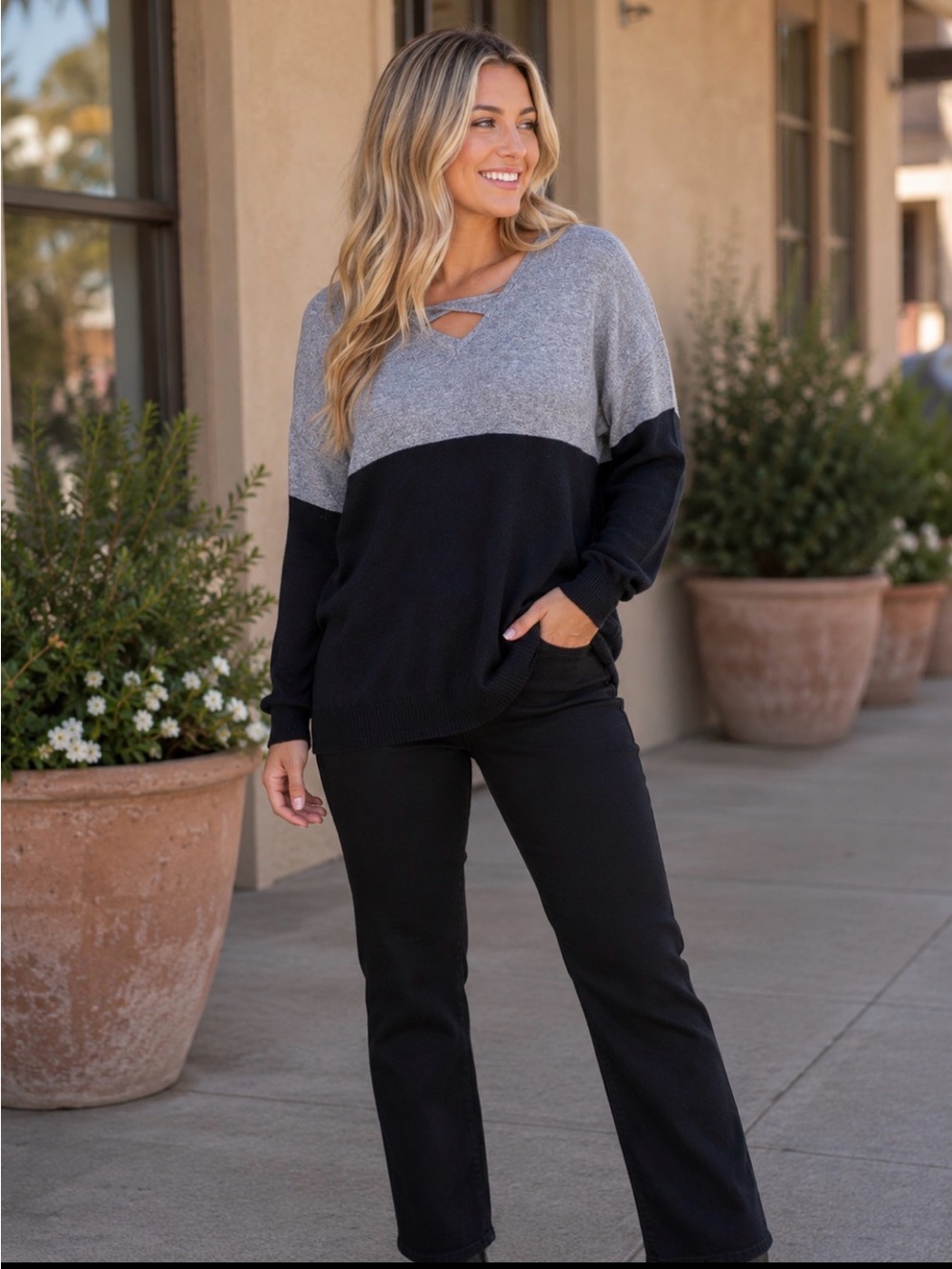 It’s our time black/grey criss cross vneck back sweater